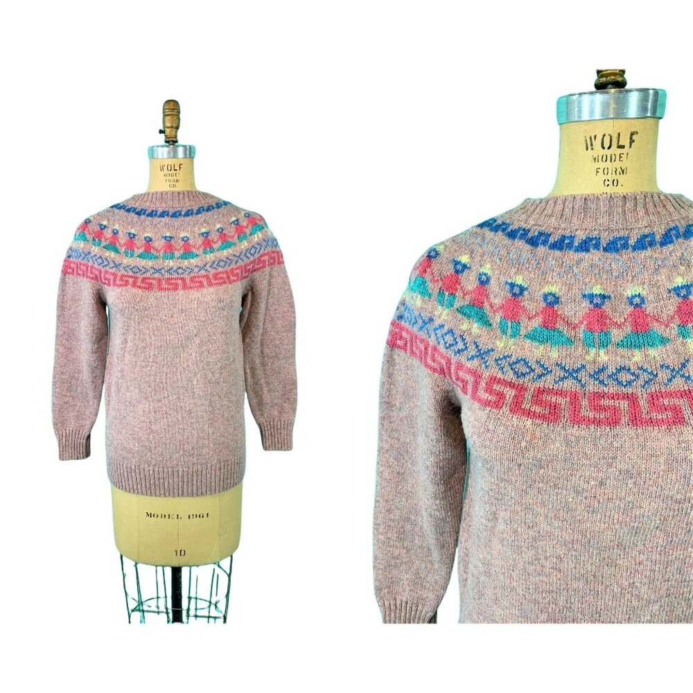 Vintage 80s Fair Isle Sweater Womens XS Pink People Metallic Novelty Pullover - Picture 2 of 10
